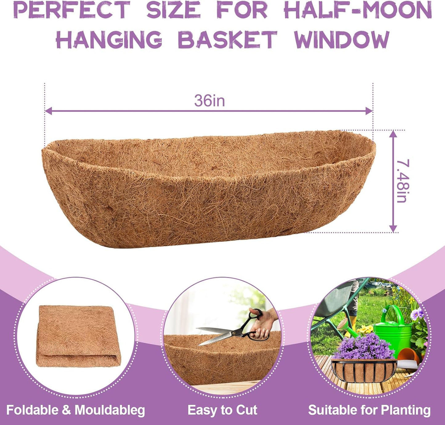 Riare 4 Pack 36 Inch Trough Coir Liners for Planters, Pre-Formed Coconut Coir Replacement Natural Coco Fiber Window Box Liners for Wall Planter, Window Basket Deck Railing Planter