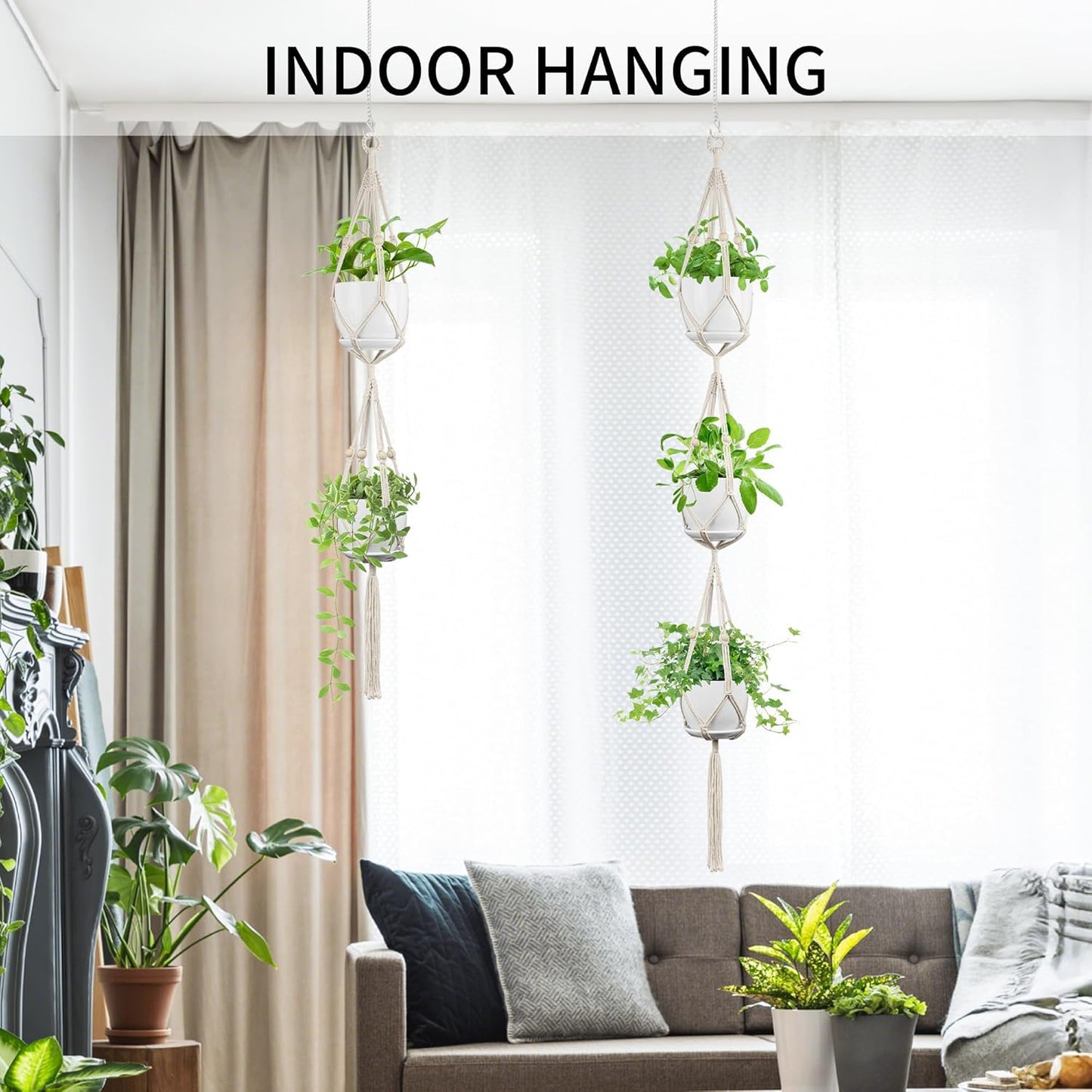 2 Pack Macrame Plant Hanger (49"&72"), Fits 4-8" Pots, 2 Tier+3 Tier Indoor Outdoor Hanging Planter Basket Flower Pot Holder, Boho Home Decor, Ivory (POTS NOT Included)