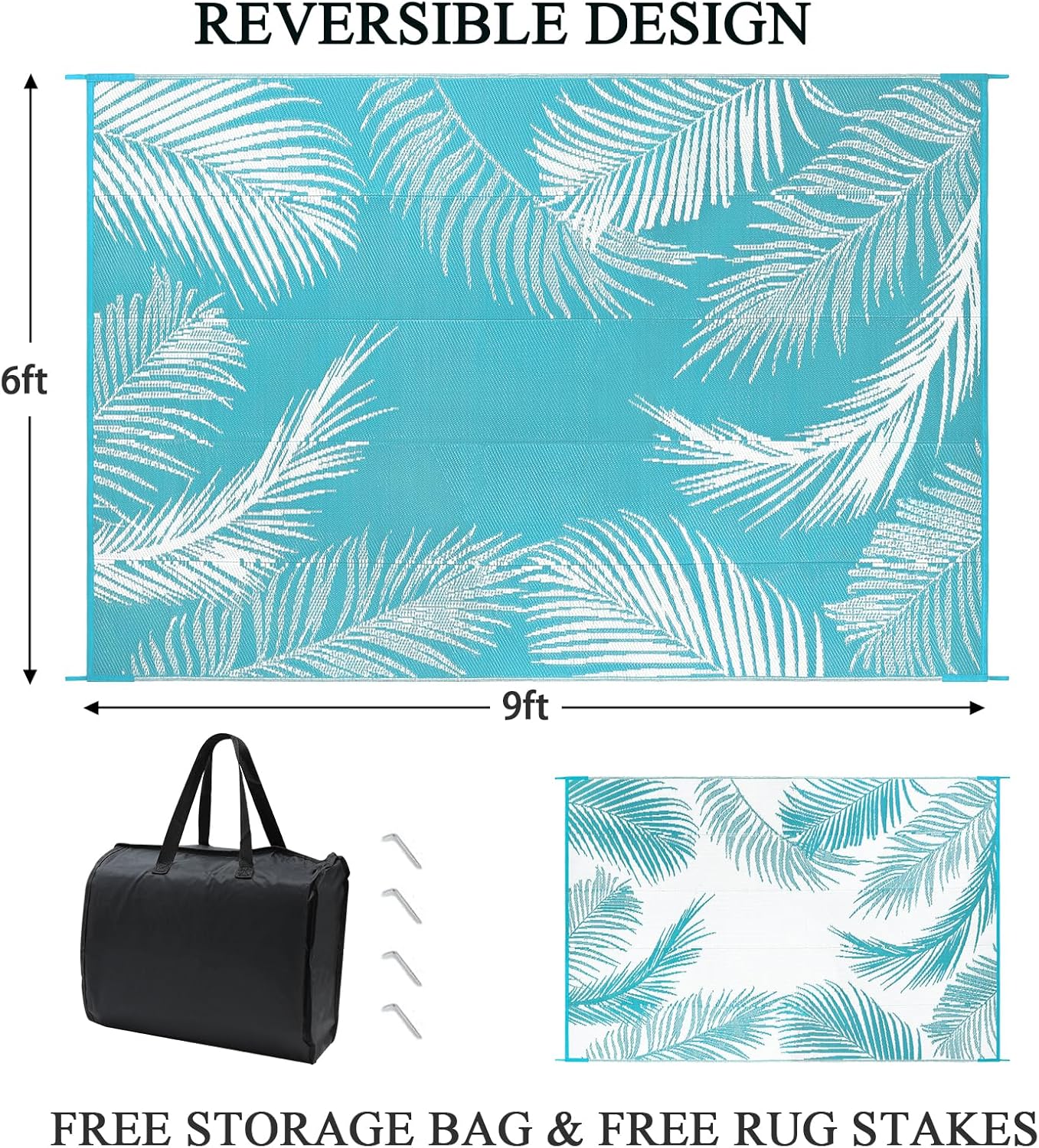 Pauwer Waterproof Outdoor Rug 6x9, Reversible Plastic Straw Patio Camping Rug, Indoor Outdoor RV Mat Carpet for Deck, Camper, Porch, Balcony, Backyard, Picnic, Leaf Teal