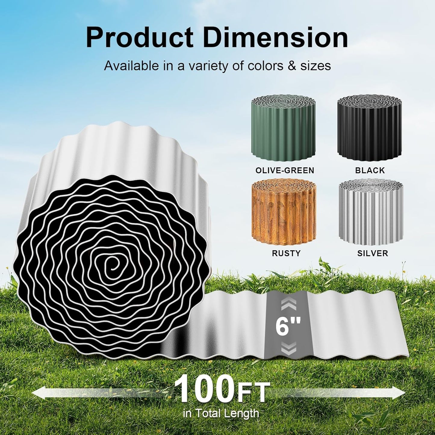 Land Guard Corrugated Garden Edging Border, 6" x 100' Landscape Paver Edging, Tall Landscape Edging, Fence for Garden, Flower Bed, Lawn and Landscape Edging(Silver)