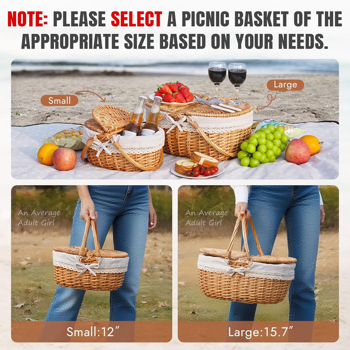 Happypicnic 12" Picnic Basket - Small Wicker Basket with Foldable Handle Lid & Removable Liner | Cute Picnic Basket Toy Empty for Kids, Gift, Halloween, Christmas, Valentines, Easter, Birthday, Solid