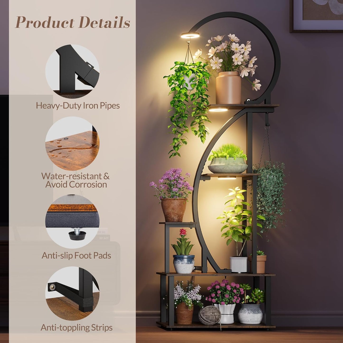 Indoor Plant Stand with Grow Lights, Half-Heart Shape Metal Shelf with Multiple Wood Boards and Hooks for Hanging & Potted Plants, Tall LED Display Rack for Living Room, Balcony Décor