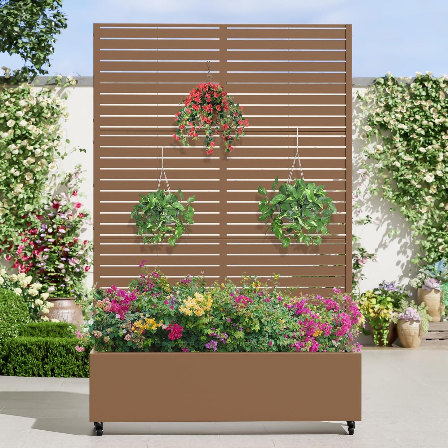 Casaphoria Metal Raised Garden Bed with Trellis and Wheels, 72"x47"x16" Planter Box for Climbing Plants, Vegetables & Vines, Features Drainage Holes and Privacy Screen (Brown-Louvered)
