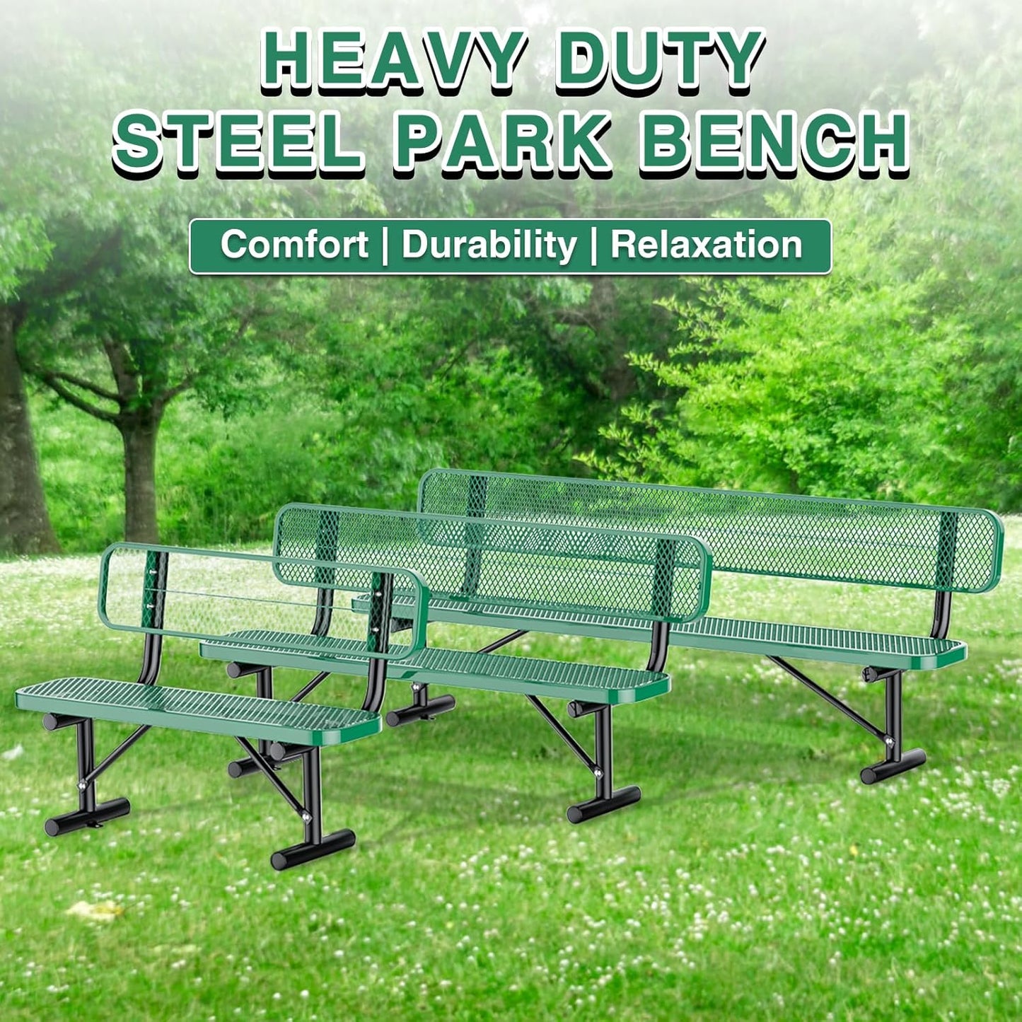 6Ft Outdoor Bench with Back Portable Frame, Outdoor Steel Park Bench with Backrest, Expanded Metal Mesh Bench for Outside, Lawn, Backyard, Park, Deck, Garden, Patio, Porch, Green