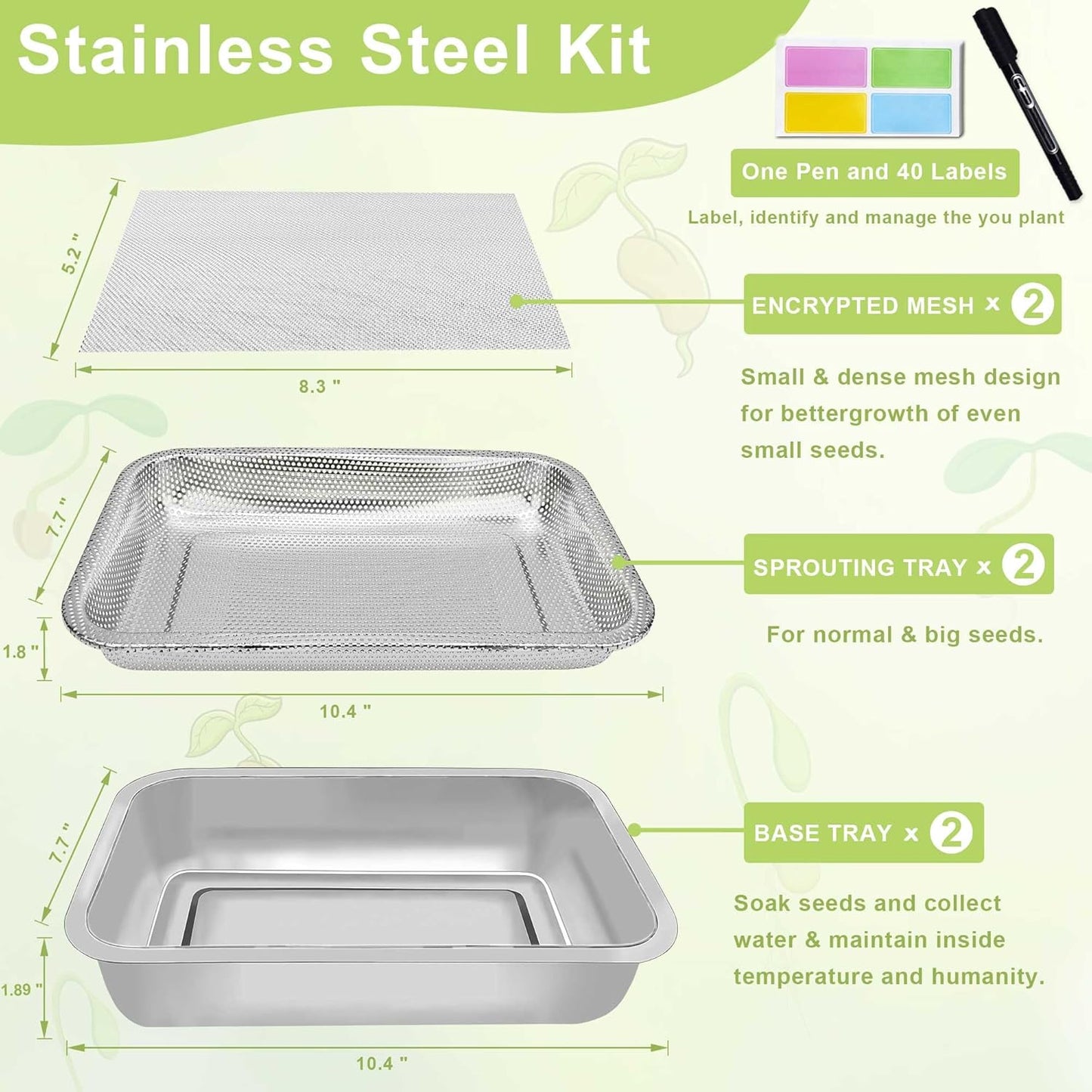 Stainless Steel Sprouts Growing Kit 2-Tier 10.4 inch Trays, Microgreens Growing Kit, Seed Sprouting Tray with Encrypted Mesh Sprouts for Beans Alfalfa Broccoli Wheat Grass