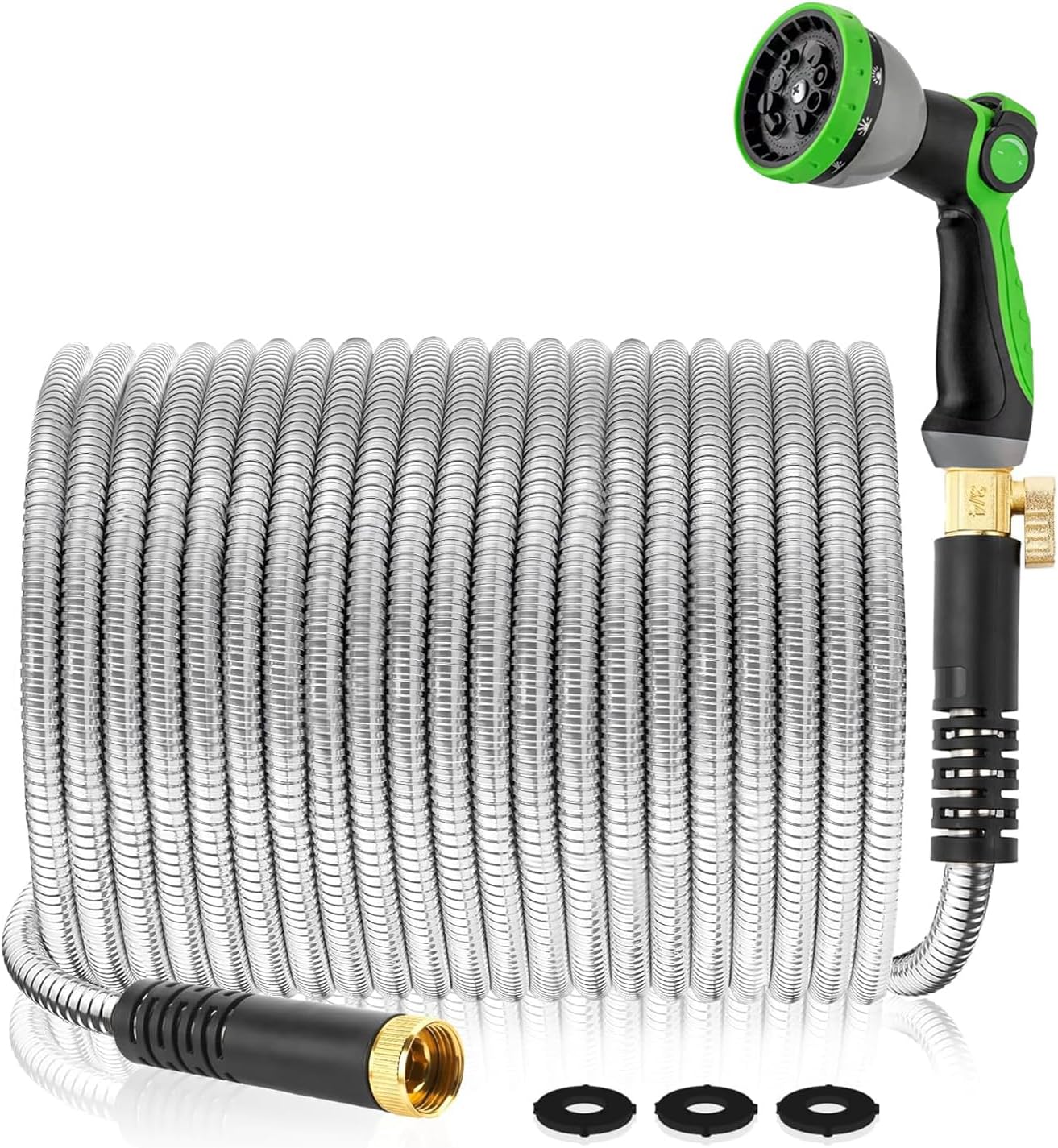 Metal Garden Hose 150Ft Stainless Steel Water Hose Heavy Duty with 10 Way Nozzle-Flexible Lightweight Durable No Kink & Tangle，Strong 3/4’’ Solid Metal Fitting Shut-Off Valve for Outdoor Yard