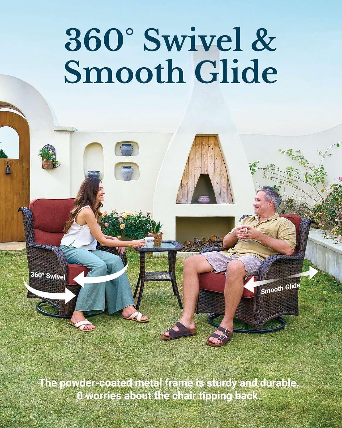 HILLGA Luxury Patio Furniture Set with 6-inch Thick Cushion, Outdoor High Back Swivel Rocker Patio Chairs, 6PCS Wicker Conversation Set for Deck Yard and Poolside, Burgundy (V2)