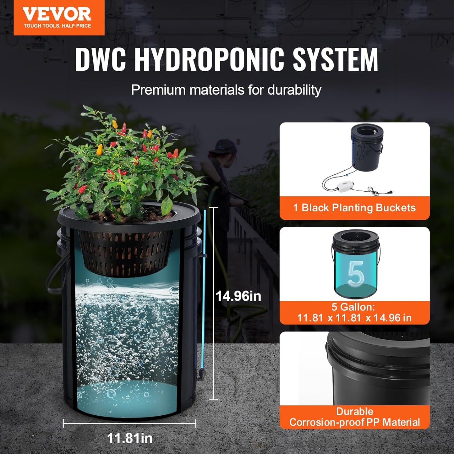 VEVOR DWC Hydroponics Grow System, Hydroponic Growing System with Top Drip Kit, 5-Gallon Deep Water Culture with Air Pump, Air Stone and Water Level Device for Leafy Vegetables(1 Bucket+Top Drip Kit)