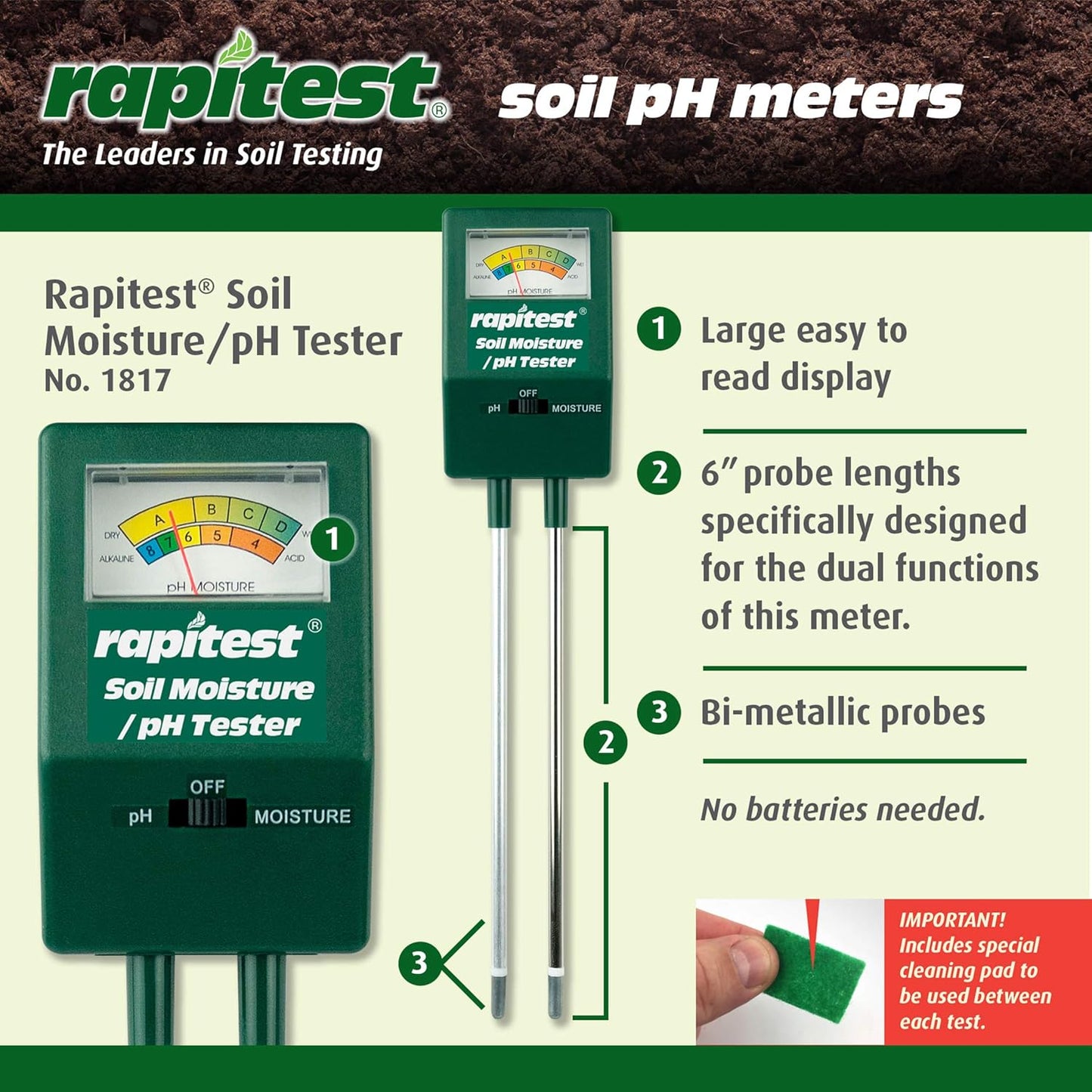 Luster Leaf 1817 Rapitest Soil pH/Moisture Tester, Black