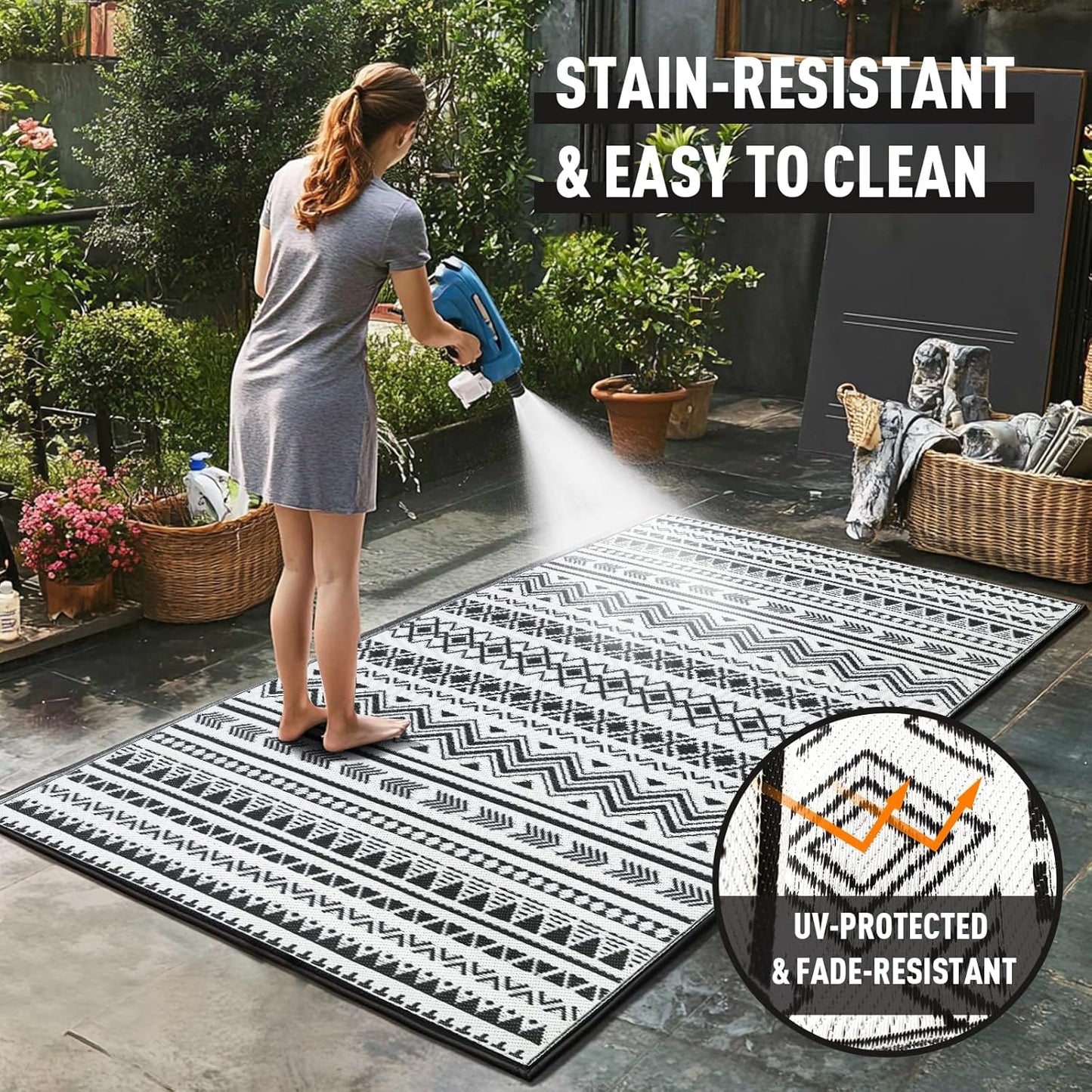 WILDROOTS 8x10 Feet Black and White Plastic Outdoor Rug, Stain Resistant Waterproof Reversible Outdoor Patio Rug, Fade Resistant Camping Rug