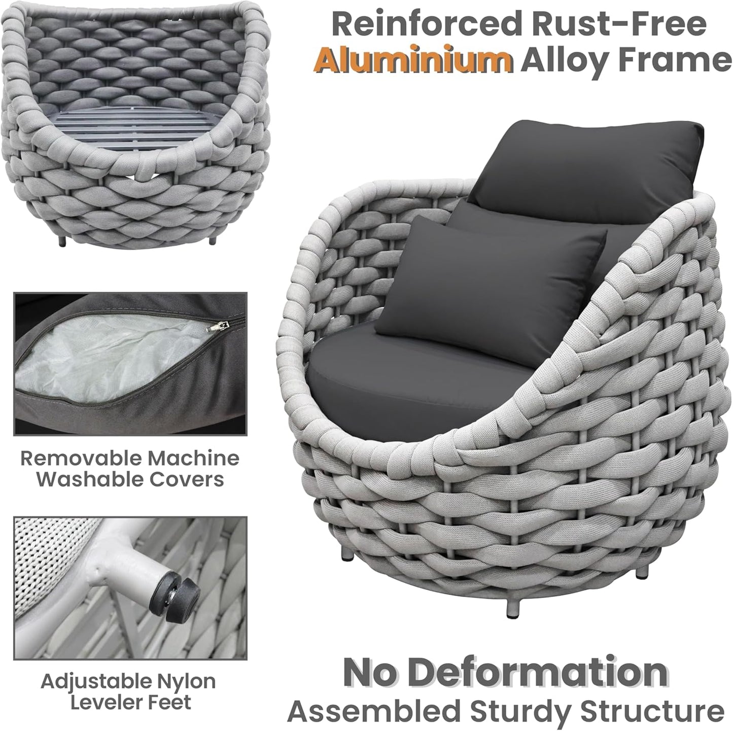 3 Pieces Aluminum Patio Furniture Sofa Sets: Hand Woven Rope Outdoor Conversation Set of 2 - Assembled Modern Cushions Couch Armchair Table Set - All Weather for Indoor Deck Porch Pool Hotel