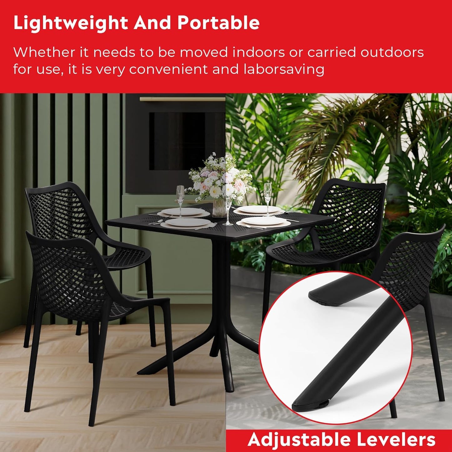 Table Chairs Set of 4, HDPE Patio Square Dining Table and Stackable Chairs, Outdoor Small Patio Furniture Set All Weather for Backyard Porch Poolside, Black