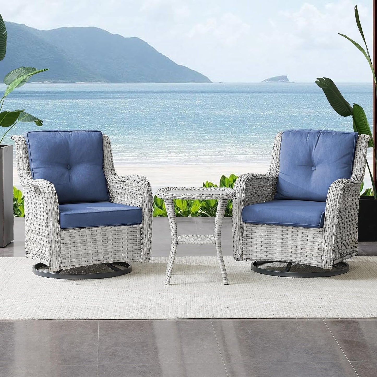 Outdoor Swivel Rocker Patio Chairs Set of 3,High Back Swivel Patio Chairs Wicker Furniture Set,2 PCS Rattan Swivel Rocking Chair with Side Table,Light Grey Wicker (A089-2)
