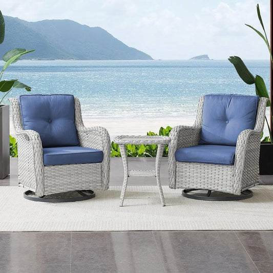 Outdoor Swivel Rocker Patio Chairs Set of 3,High Back Swivel Patio Chairs Wicker Furniture Set,2 PCS Rattan Swivel Rocking Chair with Side Table,Light Grey Wicker (A089-2)