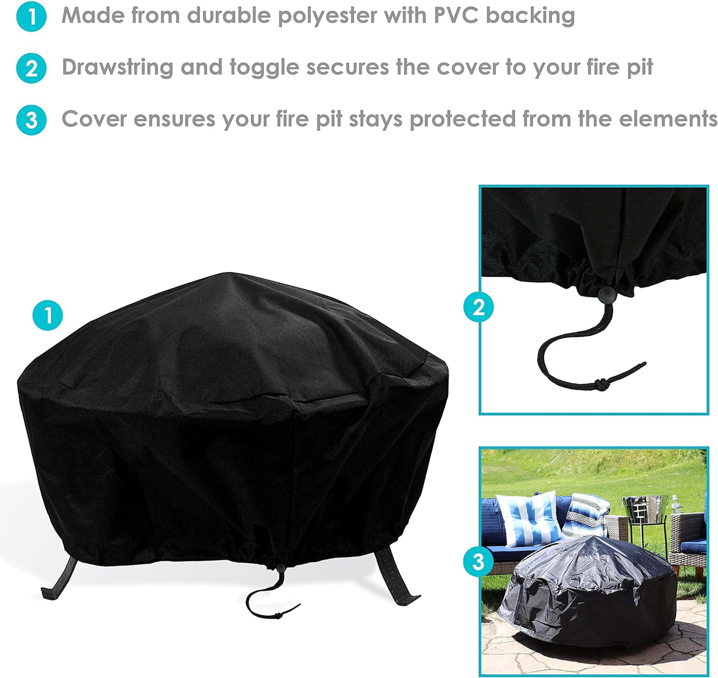 Sunnydaze Round Outdoor Fire Pit Cover - Heavy-Duty 300D Polyester and PVC with Drawstring Closure - Black - 40-Inch