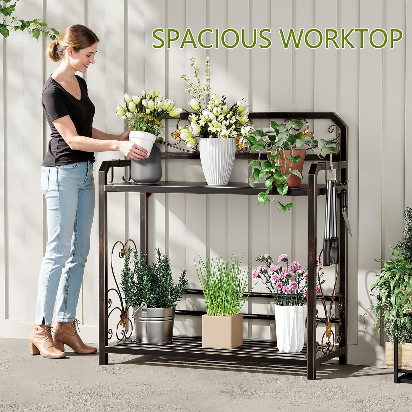 Potting Bench, Outdoor Potting Table with 4 Side Hooks, All-Weather Gardening Table Work Station, Outside Garden Workbench, 505lbs Capacity, 18" D x 39" W x 44" H, Distressed Vintage Black