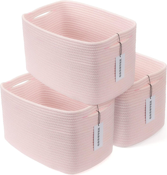 Cotton Rope storage Basket Bins Woven Basket for Organizing Shelves Rectangle Decorative Baskets For storage Clothes Toys Books Towels Square Wicker Nursery basket organizer 3 pack light pink