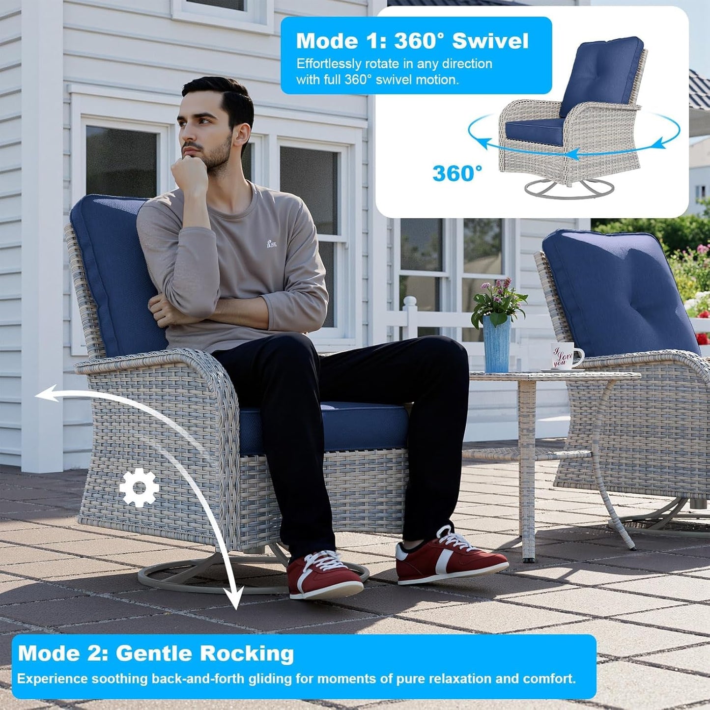 18-Piece Patio Furniture Set, Outdoor Patio Furniture with 55,000 BTU Fire Pit Table, Swivel Chairs Set, Thick Cushions, Modular Patio Sofa, Dual-Strand Wicker Rattan, Rust-Resistant Frame,Navy Blue