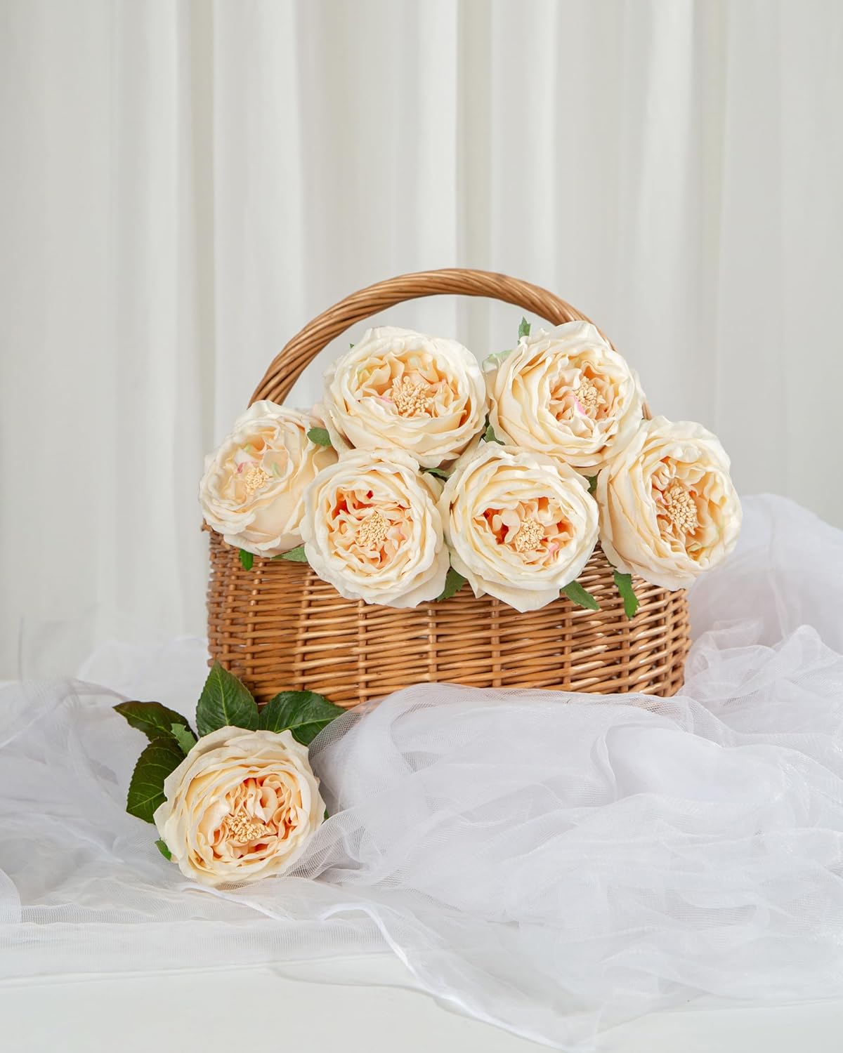 DuHouse 5Pcs Silk Roses Fake Champagne Roses with Stems Real Touch Rose Artificial Flowers for Arrangement Wedding Party Home Decoration