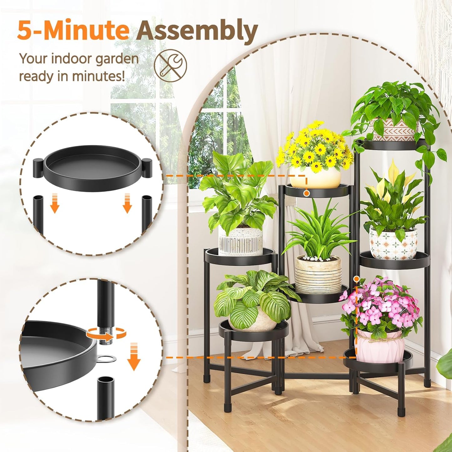 LASZOLA 7 Tiered Folding Plant Stand Indoor for Multiple Large Planter, Tall Heavy Duty Adjustable Rack with Rust Proof 10 Inch Wide Tray, Sturdy Vertical Tree Organizer for Narrow Inside Floor, Black