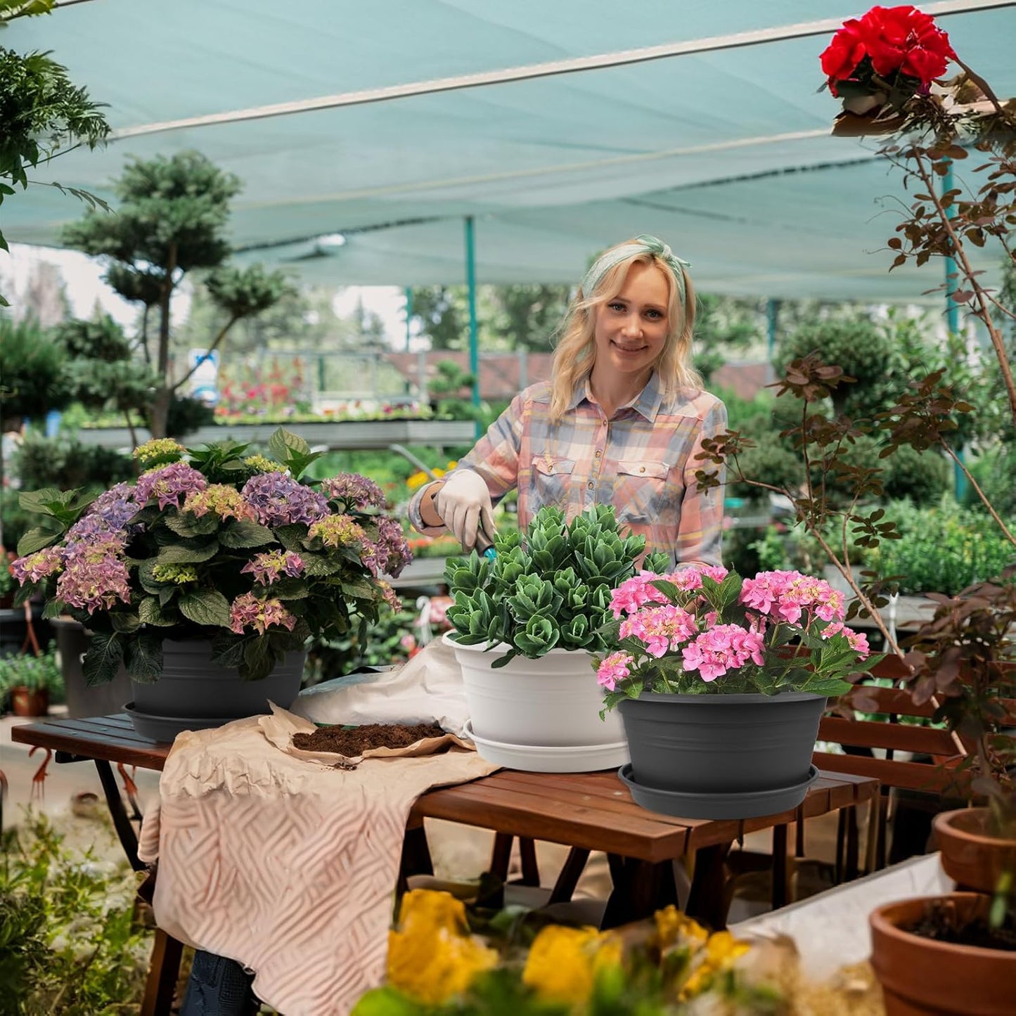 6 Pack 10 inch Plant Pot, Round Plastic Plant Pots, Outdoor Pots for Plants with Drainage Hole & Tray Saucer, Decoration Flower Pots for Indoor Plants Home Garden Outdoor Planters (Grey)