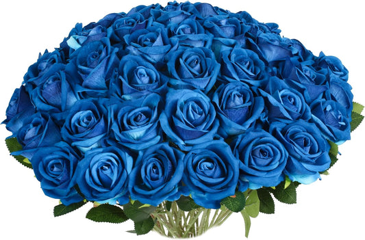 30 PCS Fake Blue Roses, Artificial Flowers Bulk Realistic Silk Faux Rose with Stems for Wedding Decorations Romantic Gifts Anniversary Celebration Bridal Bouquets DIY Floral Arrangement Home Decor