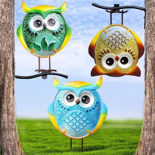 Owl Garden Decor for Outside, Stand & Tree Hugger Outdoor Owls Statues Yard Art Set of 3, Funny Metal & Glass Figurines Gifts for Grandma Mom Women