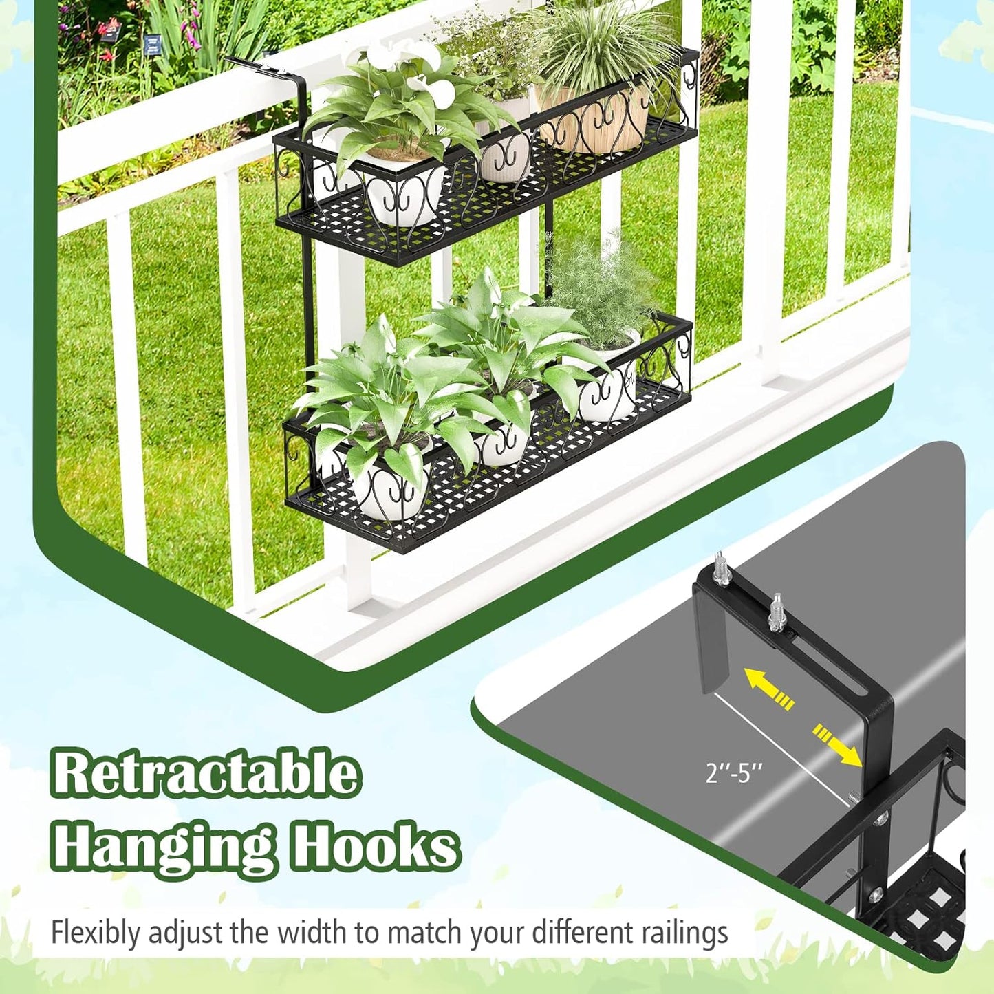 LDAILY 2-Tier Hanging Flower Rack, Hanging Flower Pot Holder w/Adjustable Hooks, Railing Basket Shelf Metal Potted Plant Container for Balcony, Porch & Fence, Easy Assembly, Black