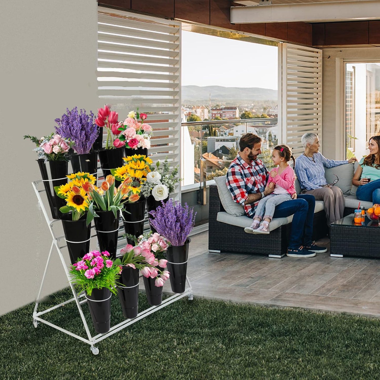 Flower Display Stand with Buckets, 3 layers Metal Plant Stand with Wheels, Moving Florist Bouquet Shelf for Fresh Shop, for Patio Garden, Outdoor Flower Pop-Up Events (Black Frame - White Bucket)