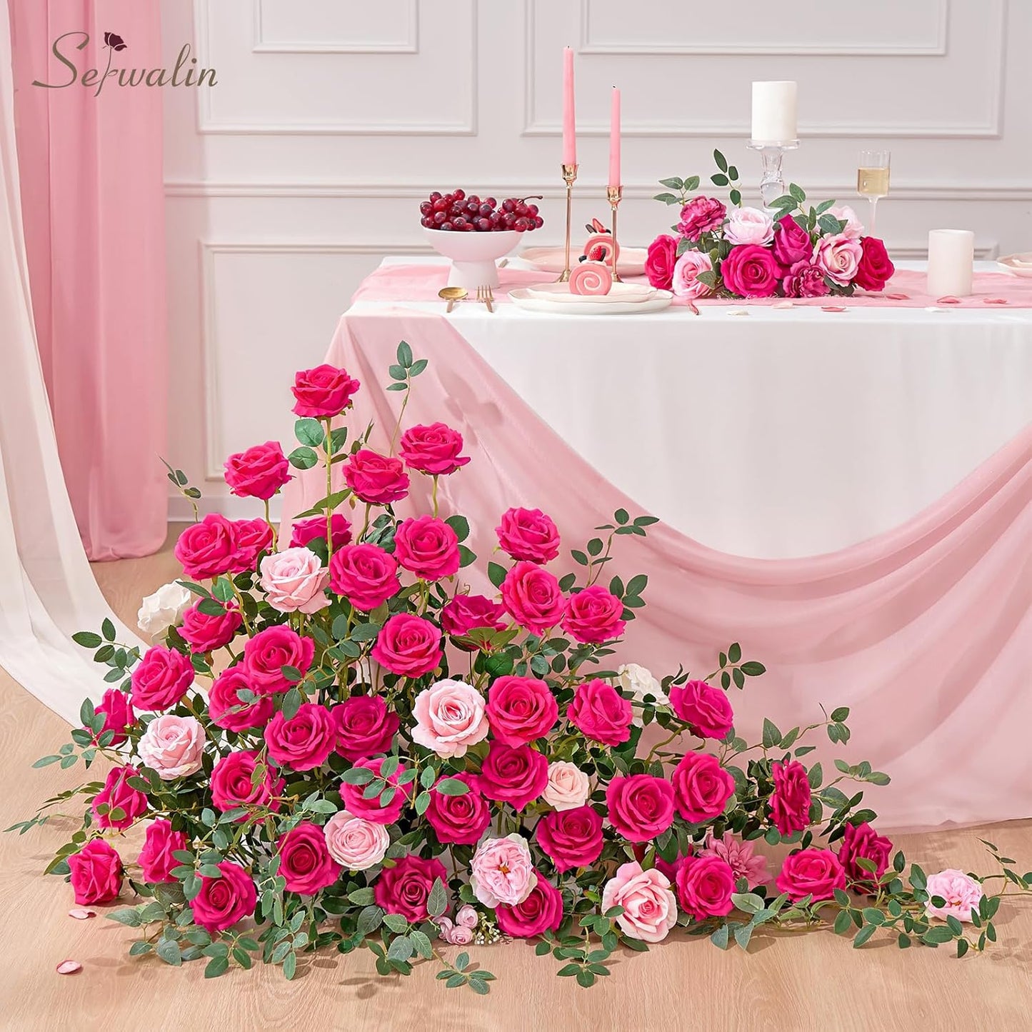 Serwalin 50pcs Artificial Roses Bulk, 4'' Big Velvet Flower Head, Hot Pink Rose Velvet Real Touch, Silk Fake Roses Long Stems Realistic Bouquet for Wedding Table Centerpiece and Home Decor