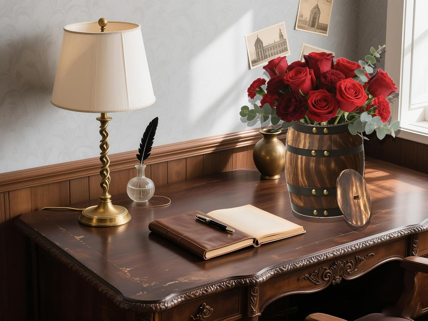 2 Pcs Wood Wine Barrel Vase 8" x 6.5" – Vintage Flower Vase Container Rustic Barrel Planter for Wedding Reception, Table Decoration, Home Indoor/Outdoor Garden, Kitchen, Party