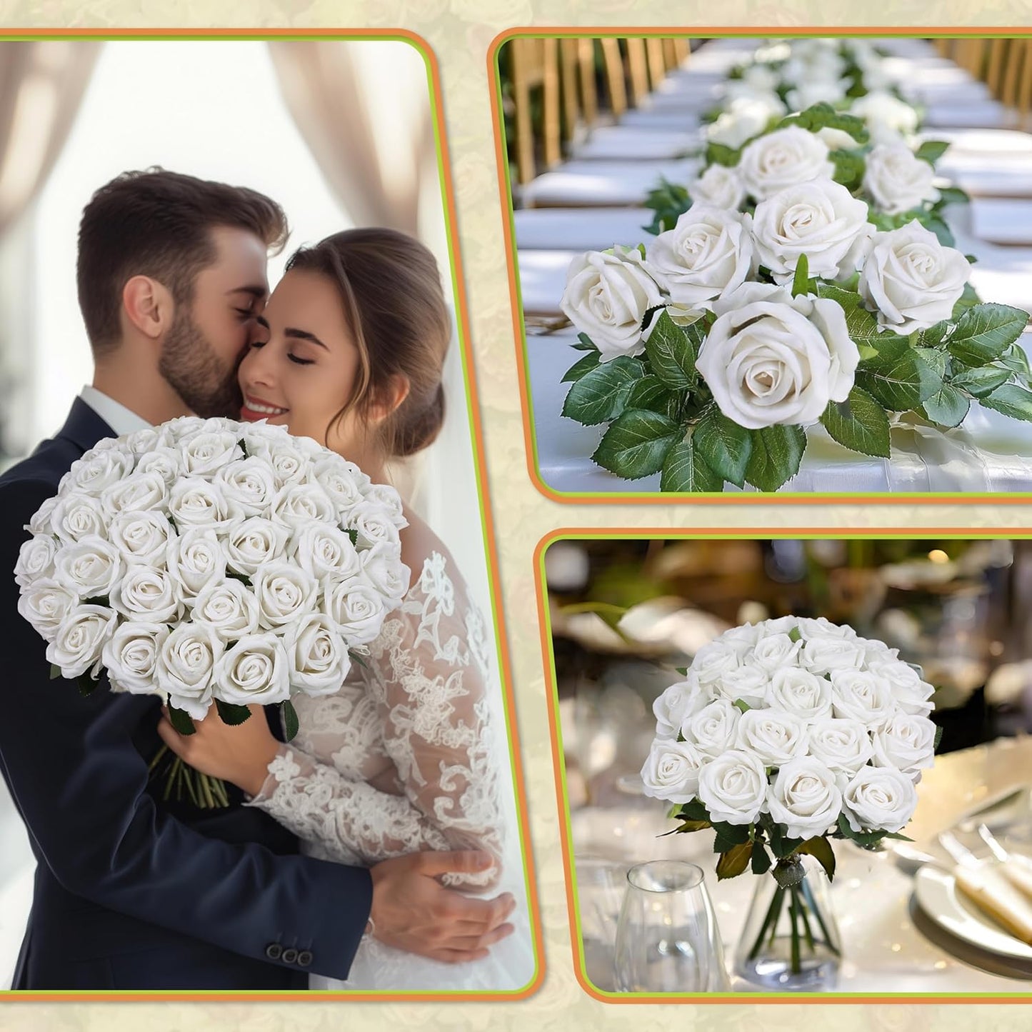 50 PCS Fake White Roses, Artificial White Flowers Bulk Realistic Silk Faux Roses with Stems for Wedding Decorations Table Centerpieces Bridal Bouquet DIY Floral Arrangement Event Party Home Decor