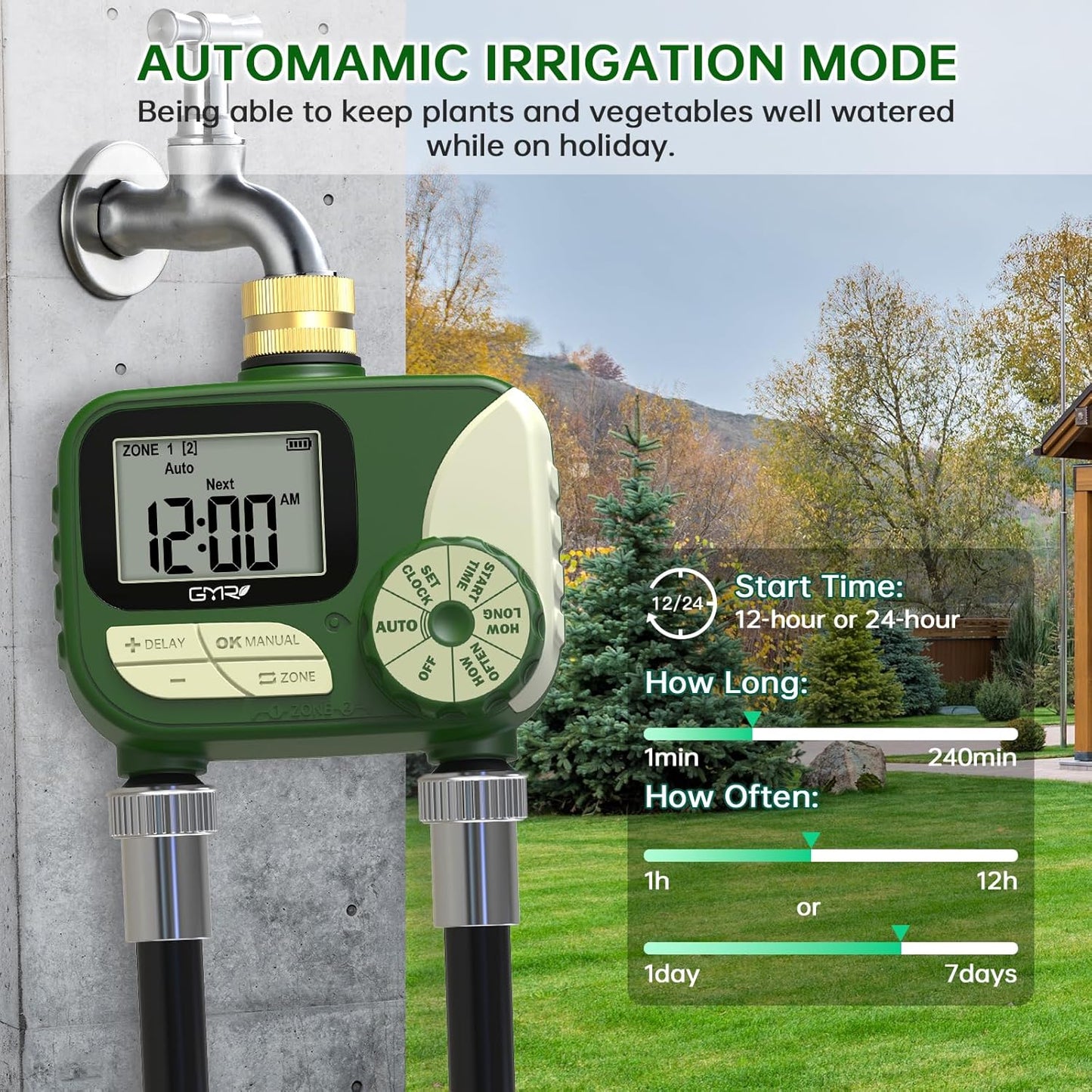 GMR Hose Timers for Watering, Sprinkler Timer Outdoor with Brass Inlet, Water Timer for Garden Hose with Rain Delay/Manual/Auto Irrigation System, Programmable Garden Hose Timer for Yard, 2 Outlet