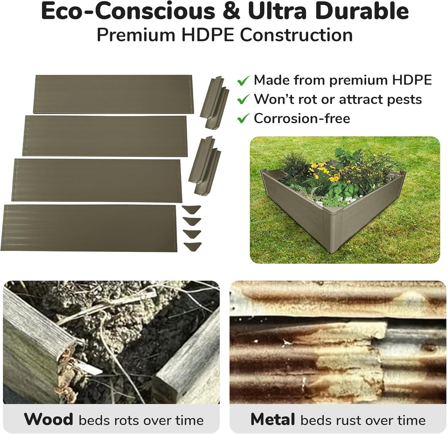 Raised Garden Bed - 4x4 ft Planter Box - Weathered Wood HDPE - No Tools Needed - DIY Kit for Urban Gardening, Flowers, Herbs & Vegetables - Made in The USA