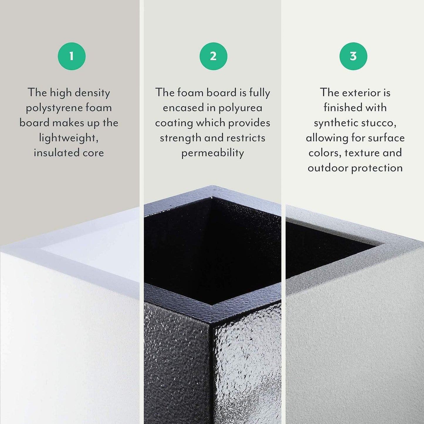 PolyStone Monterray Modern Outdoor/Indoor Square Planter, 23" L x 23" W x 19" H, Lightweight, Heavy Duty, Weather Resistant, Polymer Finish, Commercial Grade and Residential (Gray Granite)