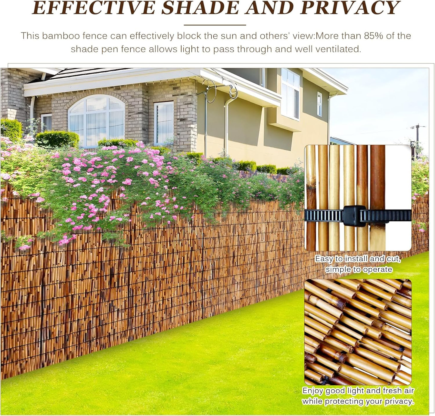 Natural Reed Fencing Rolls: Privacy Bamboo Fence 3/4/5/6ft High Roll Reed Screen, Decorative Bamboo Fencing for Outdoor Balcony Patio Garden Backyard,with Cable Zip Ties(Coffee, 4x10ft)