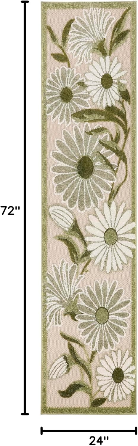 Nourison Home Aloha Indoor-Outdoor Ivory Green 2' x 6' Area Rug, Easy-Cleaning, Non-Shedding, Bed Room, Living Room, Dining Room, Backyard, Patio, Deck (2x6)
