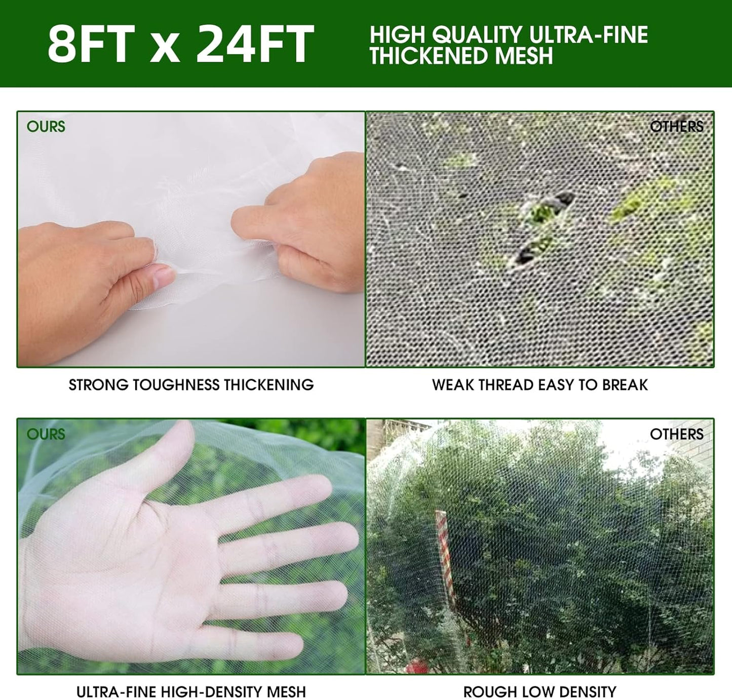 Garden Mesh Netting Kit - 8x24 Ft Ultra Fine Mesh Netting with 6 Sets Garden Hoops & 12 Clips, Bird Protection for Fruit, Vegetable, Flowers & Animals, Greenhouse Cover