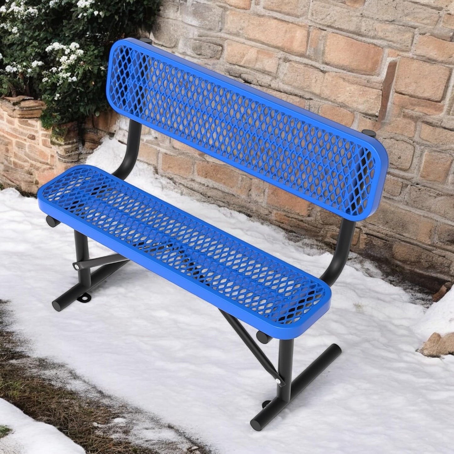 4 Feet Heavy Duty Metal Park Bench for Outside, Outdoor Steel Bench with Backrest & Portable Frame, Commercial Benches for Shopping Malls/Stores/Parks/Patios/Decks/School,Blue