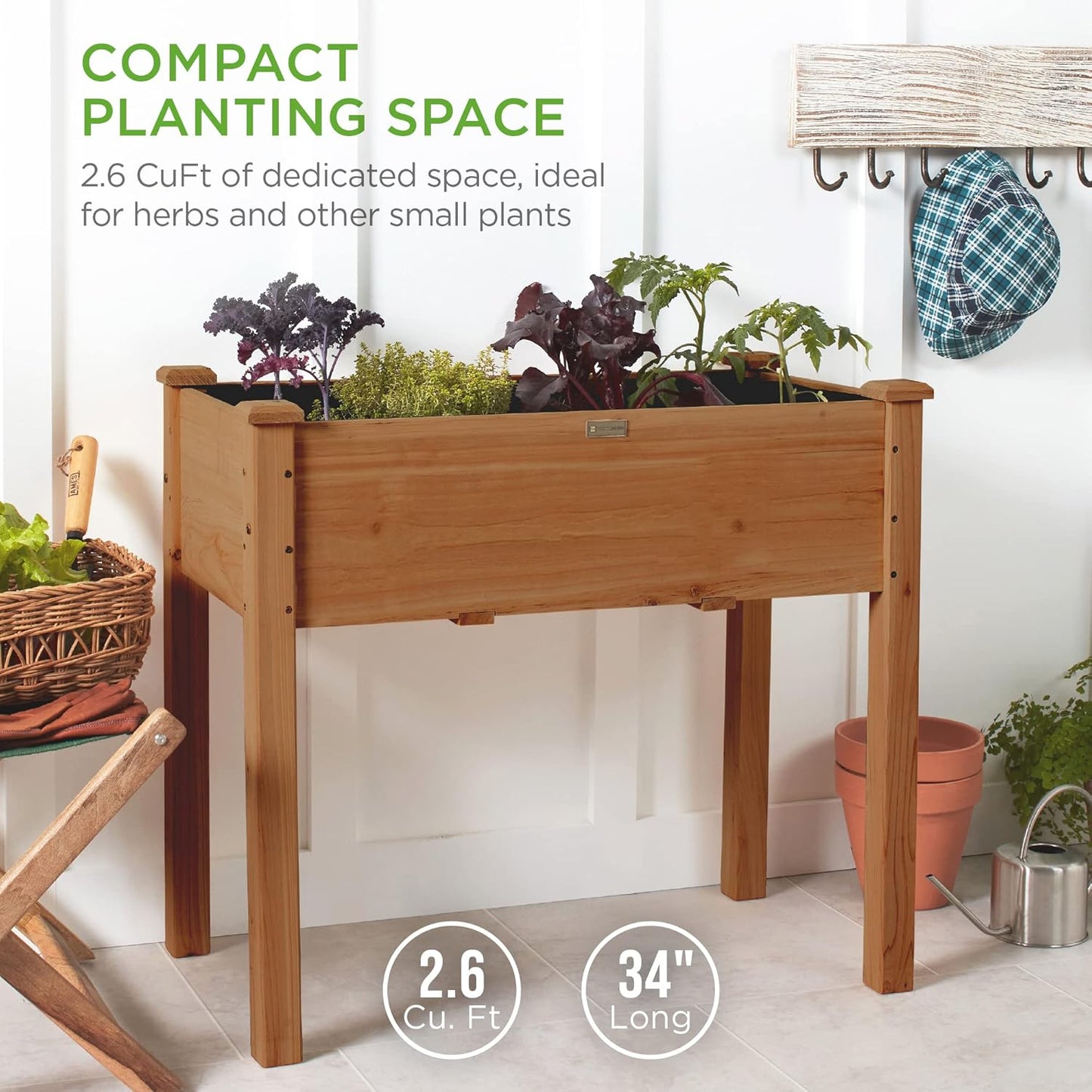 Best Choice Products 34x18x30in Raised Garden Bed, Elevated Wood Planter Box Stand for Kids, Backyard, Patio, Balcony w/Bed Liner, 150lb Capacity - Acorn Brown