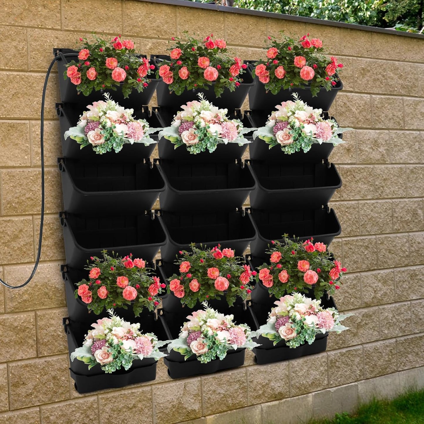 Self Watering Wall Planter with 18 Pots, Wall Planters for Indoor Plants, Vertical Garden Planter, Wall Mounted Plastic Plant Grow Pots for Fruits Vegetables Flowers Herbs (Black)