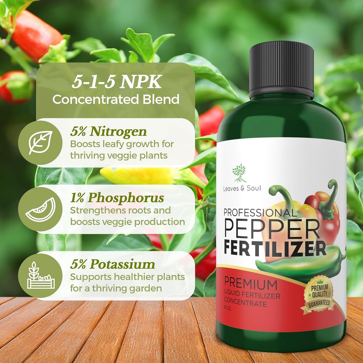 LEAVES AND SOUL Professional Liquid Pepper Fertilizer | 5-1-5 Concentrate, Liquid Plant Fertilizer for Garden, Healthy Produce, Good Harvest, Multi-Purpose Blend & Gardening Supplies | 8 oz