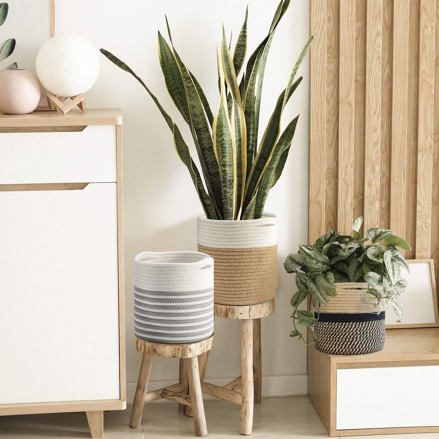 TIMEYARD Jute Rope Plant Basket Small Woven Storage Baskets for Up to 7" Planter, 8" x 8" Decorative Plant Pot Cover Woven Planter Basket Laundry Baskets with Handles Modern Home Décor