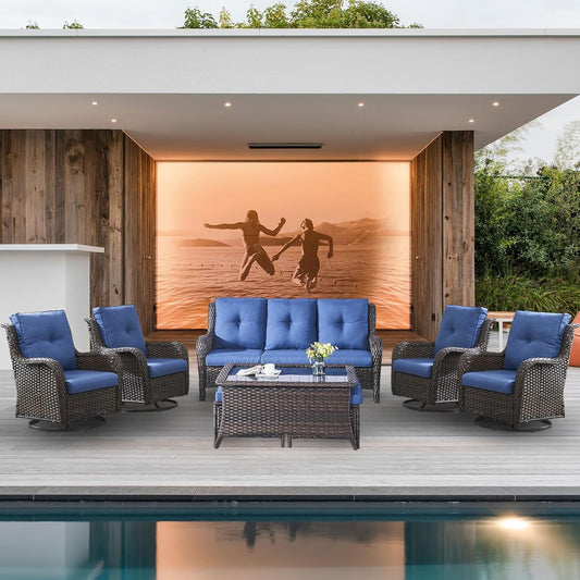 Wicker Patio Furniture Sets - 8 Piece Outdoor Rattan Furniture Conversation Sets with 4 Swivel Rocker Chairs, Rattan Sofa, Wicker Ottomans and Coffee Table, Brown/Blue