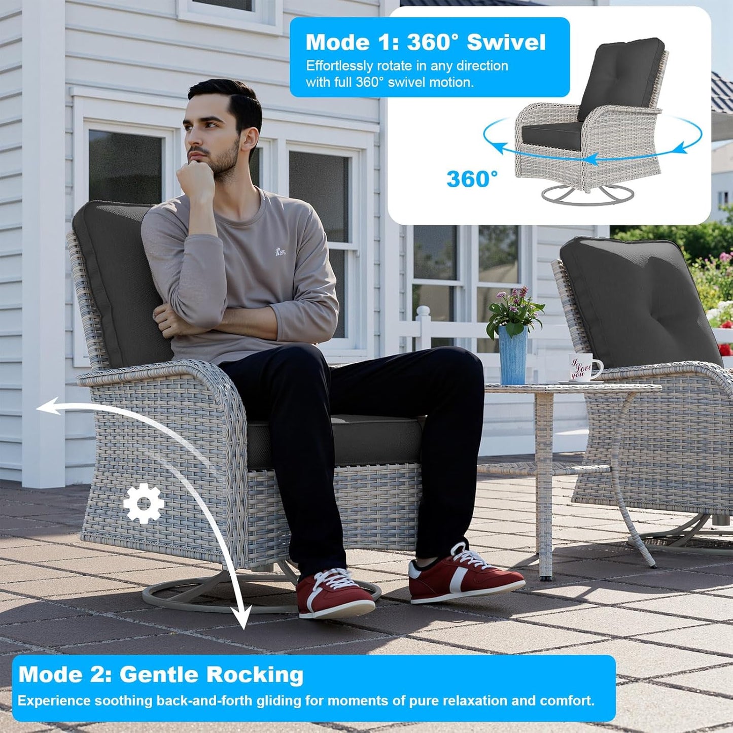 11-Piece Patio Furniture Set, Outdoor Patio Furniture with 55,000 BTU Fire Pit Table, Swivel Chairs Set, Thick Cushions, Modular Patio Sofa, Dual-Strand Wicker Rattan, Rust-Resistant Frame, Black