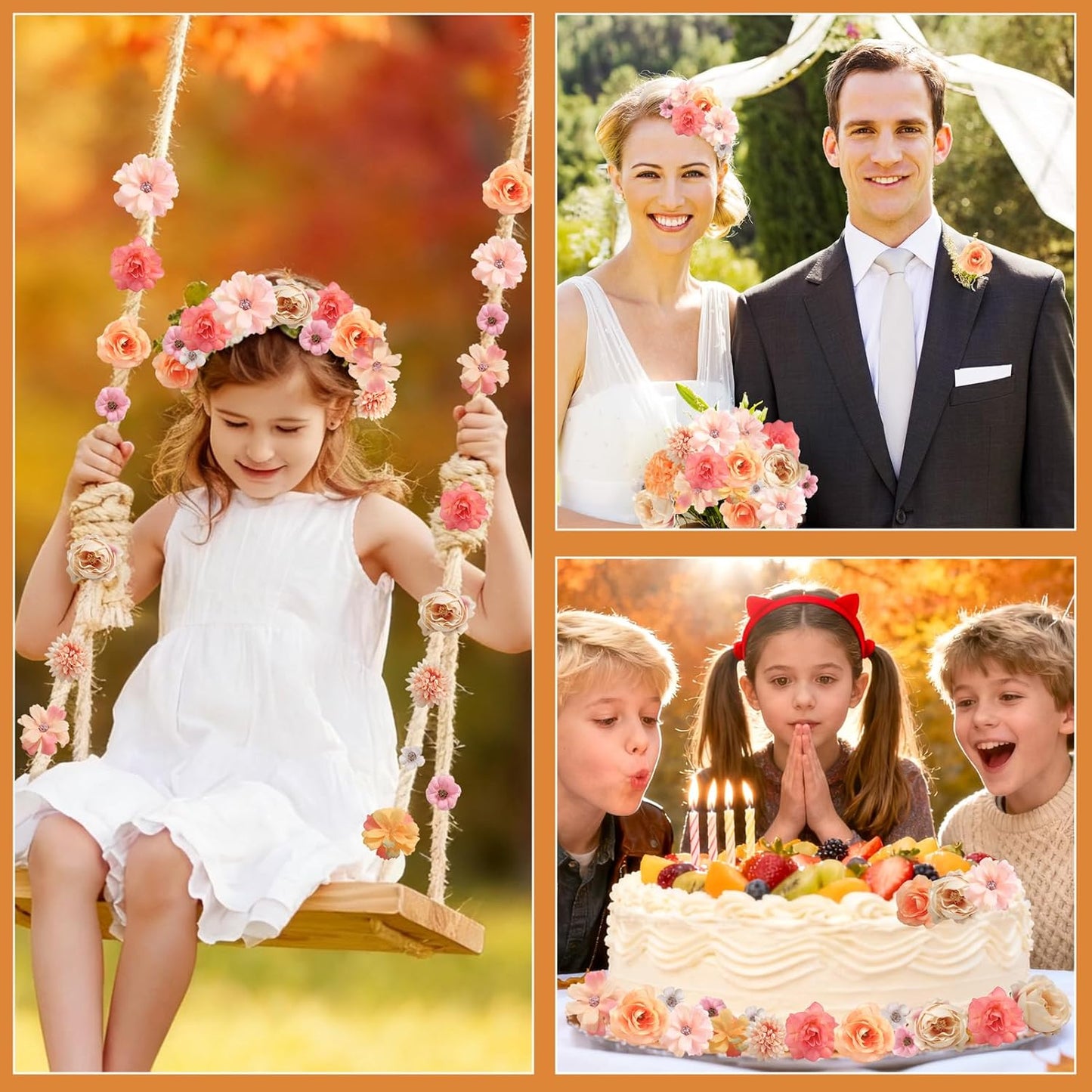 Faux Flower Heads Mini Orange Artificial Flower Heads Fake Peony Daisy Rose Flowers Multicolor Small Silk Daisy Flower Heads for Craft Garland Wedding Party DIY Home Decoration,2-4 cm