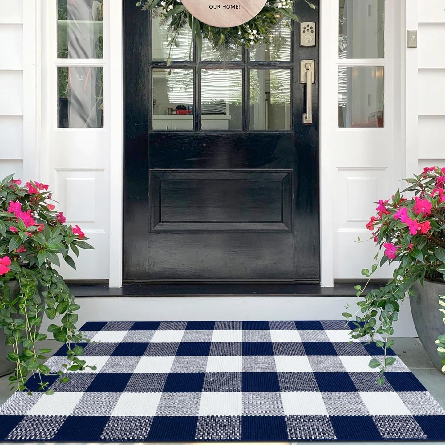 IOHOUZE Buffalo Plaid Checkered Rug 27.5" X 43" Front Door Mats, Washable Area Rugs for Front Porch Decor, Spring Summer Welcome Mats Outdoor, Navy White Rug for Farmhouse/Entryway/Home Entrance