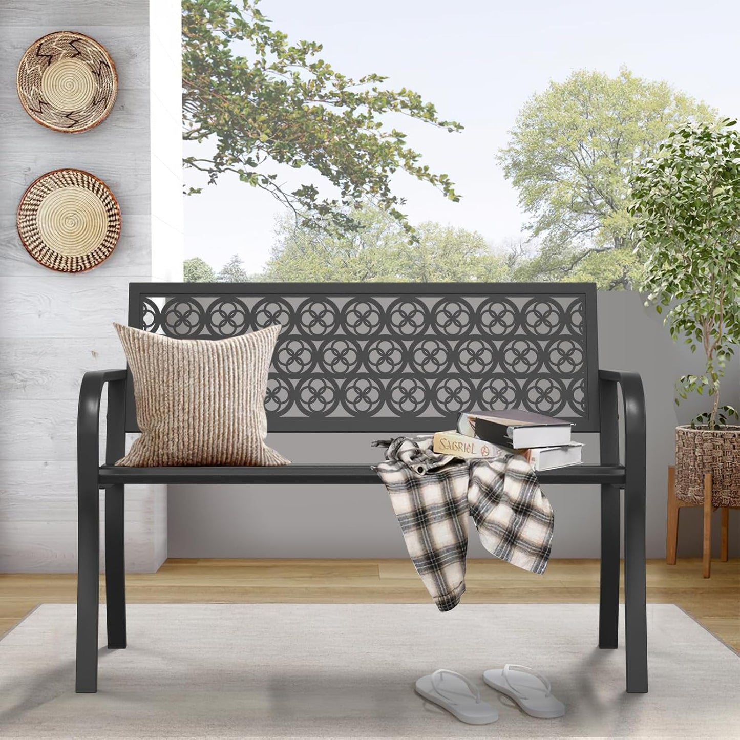 Outdoor Garden Bench Cast Iron Steel Outdoor Bench Clearance Weatherproof Metal Park Bench for Porch, Yard, Lawn, Deck (Four-Leaf Clover)