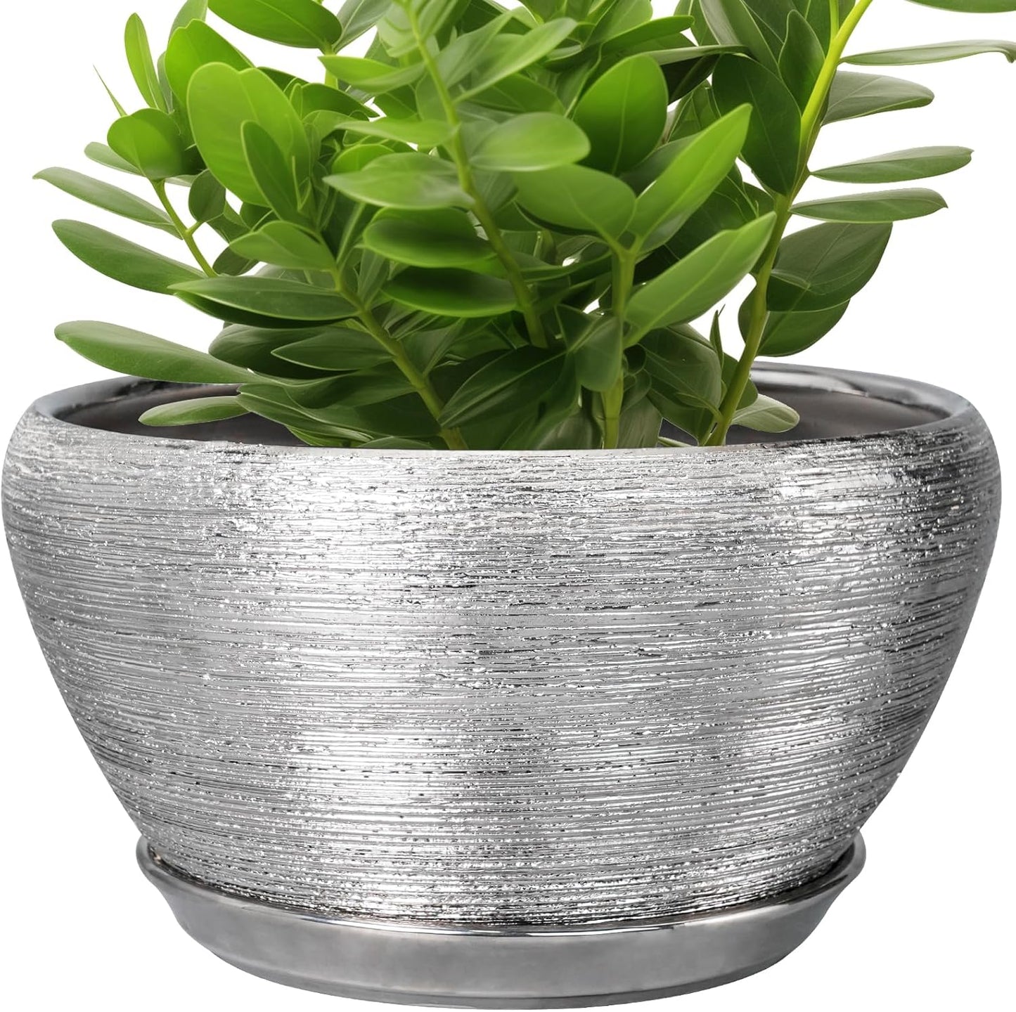 Flower Pot for Indoor Plants - Ceramic Planter 11 Inch Plant Pot with Drainage Hole and Saucer Large Decorative Planter Outdoor Mid-Century Planter for House Decor Silver