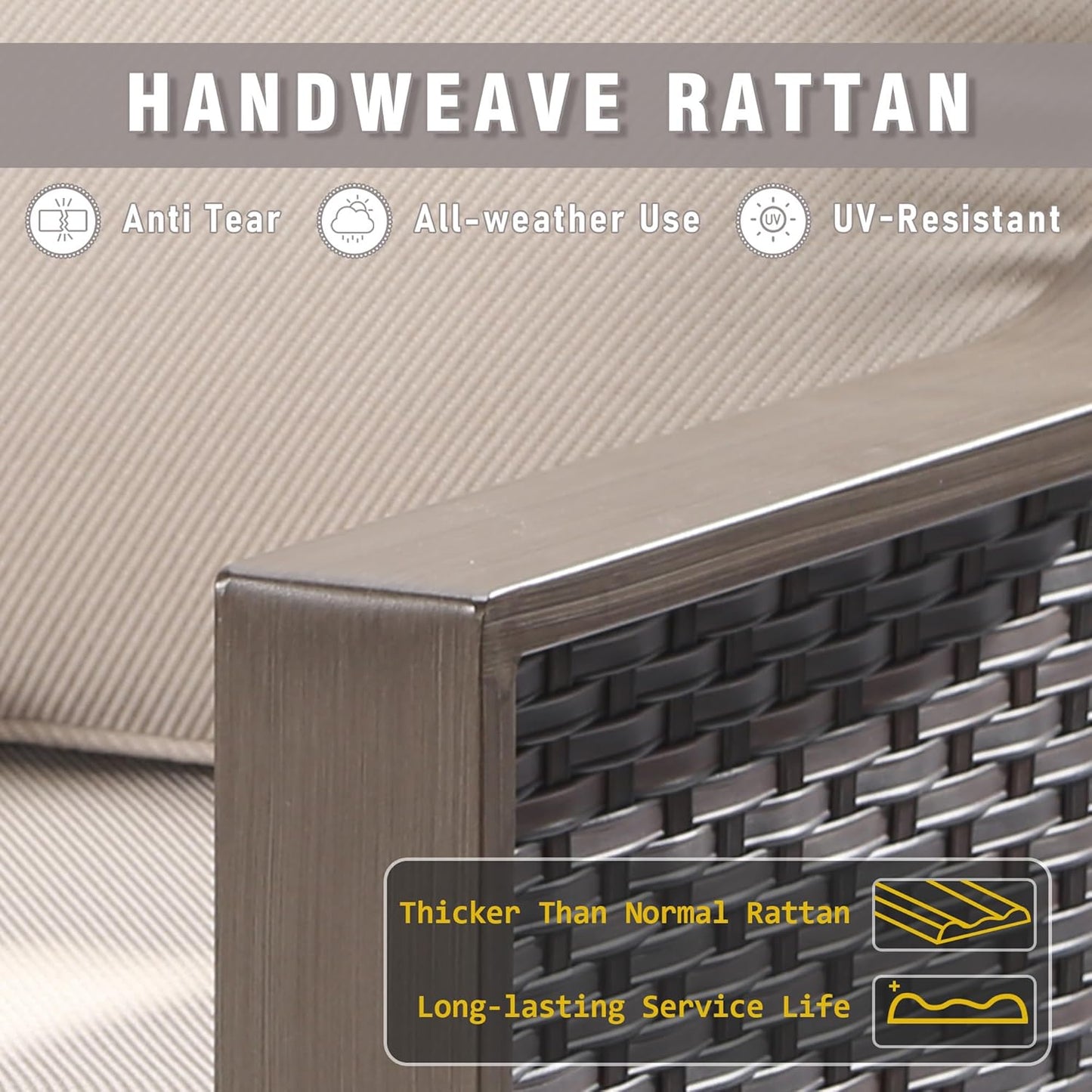 3 Piece Wicker Patio Conversation Set, All-Weather Use Outdoor Wicker Sofa with 2 PE Rattan Chair, Removable Water-Resistant Cushion, Ideal for Porch, Backyard, Balcony, Poolside, Beige